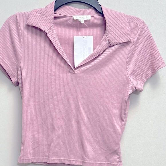 ULTRA FLIRT Ribbed Polo T-Shirt Juniors' M Pink Dawn Collared V-neck Pullover - Picture 7 of 8